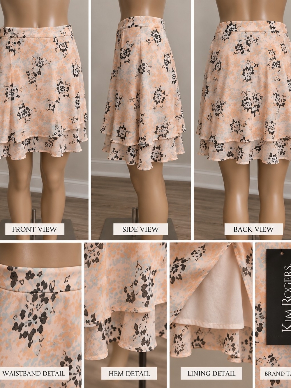 Kim Rogers Peach and Black Floral Tiered Skirt
